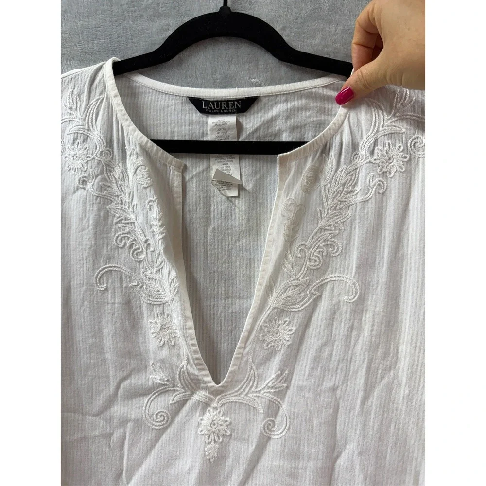 Lauren Ralph Lauren Womens White Embroidered Cotton Gauze Tunic Top L $125